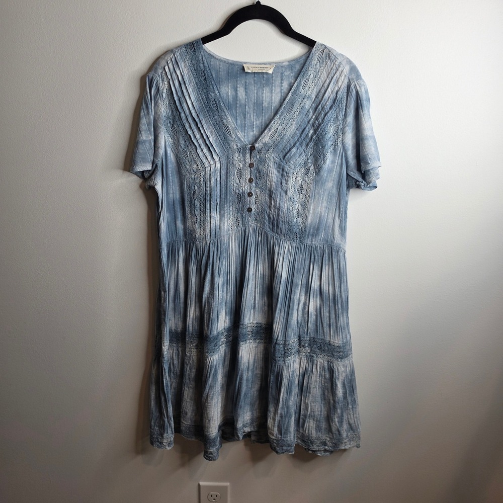 Lucky Brand Lace Inset Tie Dye Boho Mini Dress Womens Size S Blue
